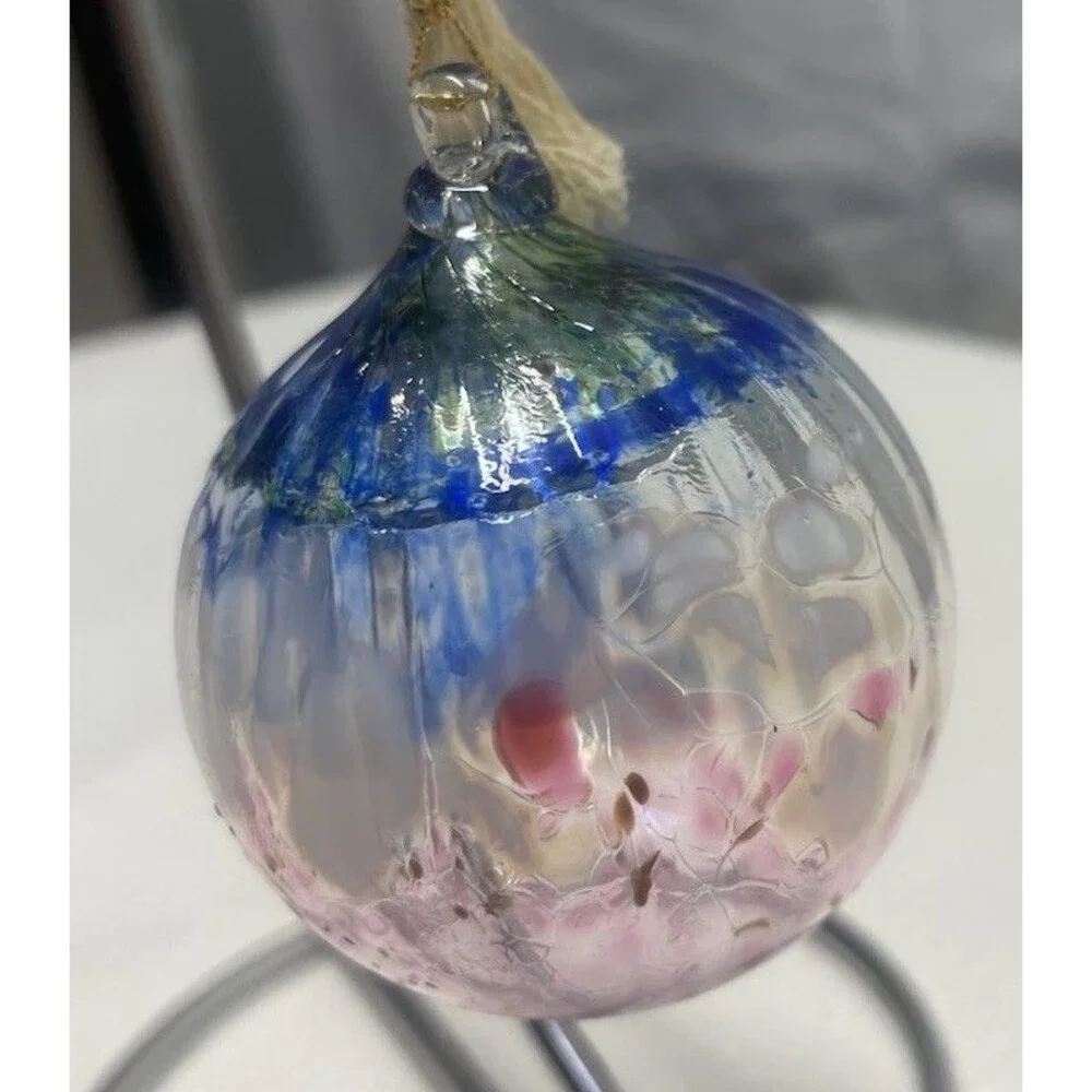 Hand Blown Art Glass Hanging Ball Swirl Patriotic Orb Ornament Sun Catcher NICE!